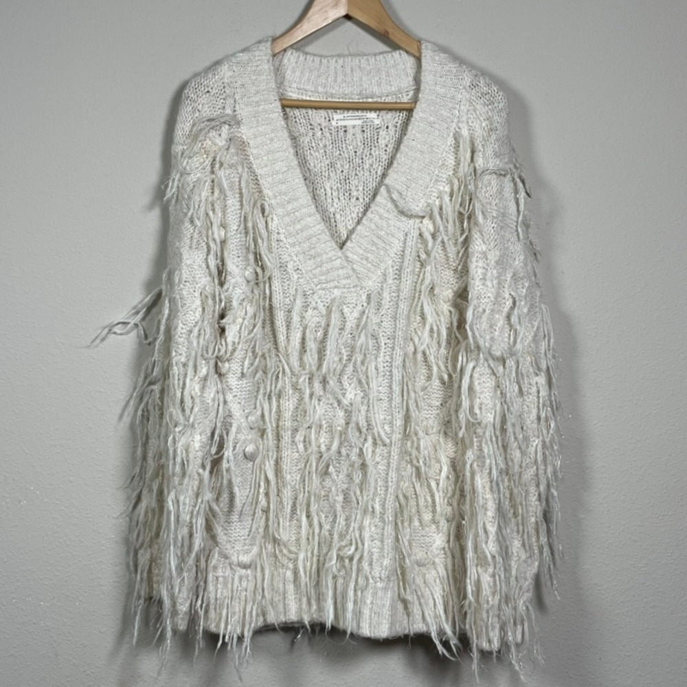Anthropologie Sweater Womens M White Shaggy Fringe Metallic Pullover Oversized